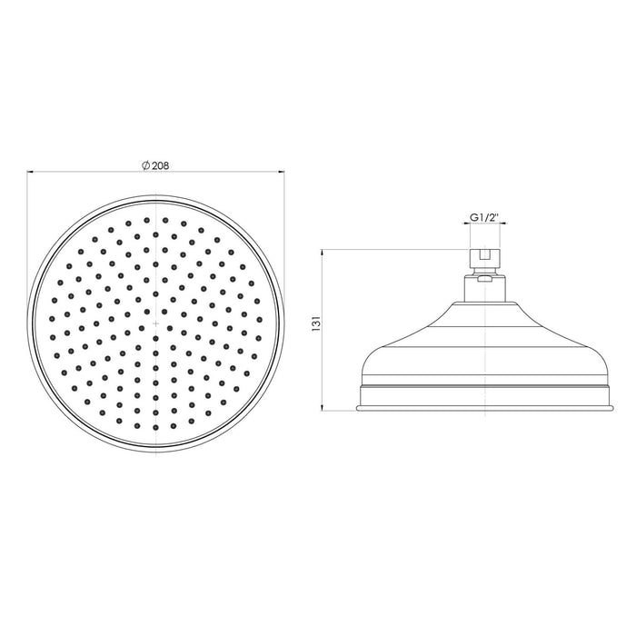 Technical Drawing Phoenix Cromford Shower Rose 210mm Brushed Nickel 134-5002-40 - The Blue Space