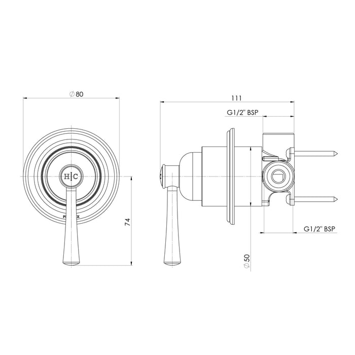 Technical Drawing Phoenix Cromford Shower / Wall Mixer Fit Off Kit Brushed Nickel 134-2805-40-1 - The Blue Space