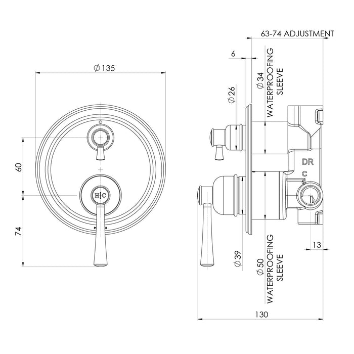 Technical Drawing Phoenix Cromford Switchmix Shower Bath Diverter Mixer Fit Off Kit - Brushed Bronze 134-2940-24-1 - The Blue Space
