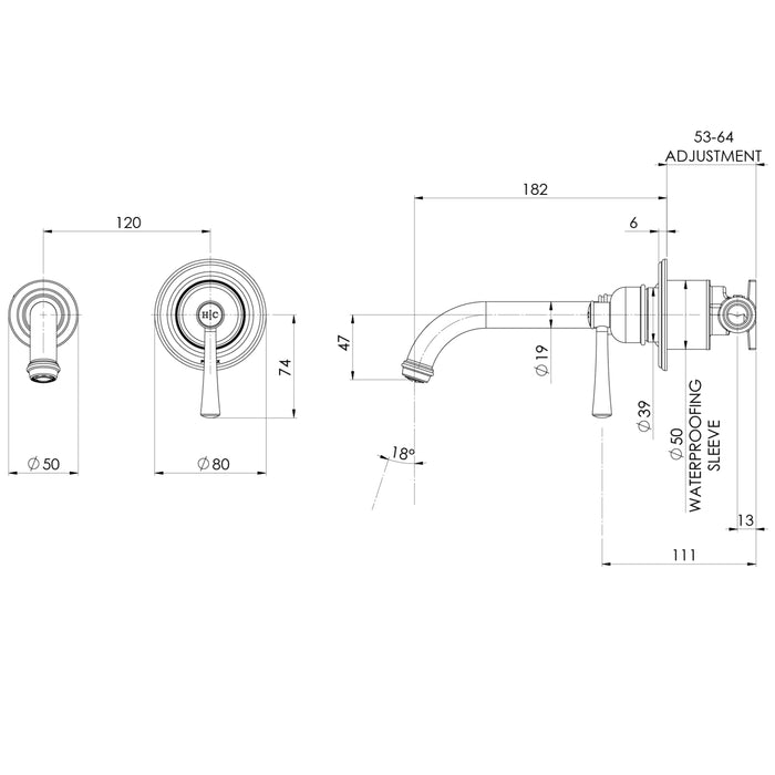 Technical Drawing Phoenix Cromford SwitchMix Shower / Wall Mixer Brushed Nickel (Fit-Off Kit Only) 134-2812-40-1 - The Blue Space