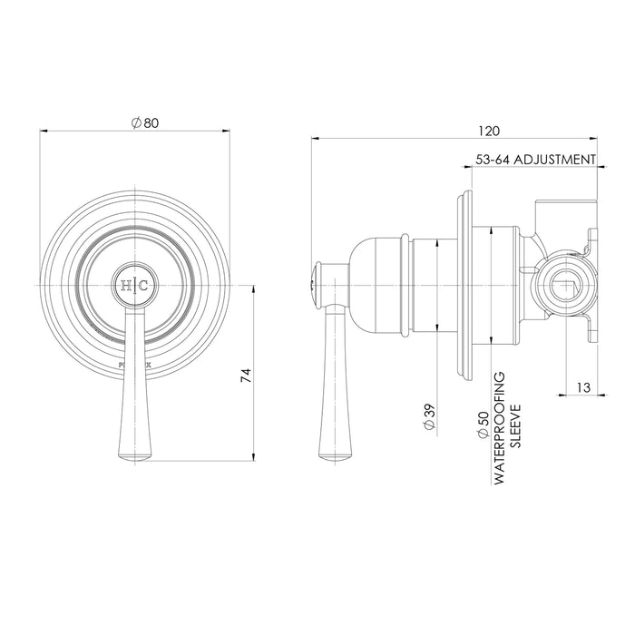 Technical Drawing Phoenix Cromford Switchmix Shower Wall Mixer Fit Off Kit - Brushed Bronze 134-2805-24-1 - The Blue Space