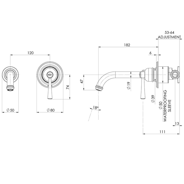 Technical Drawing Phoenix Cromford Switchmix Wall Basin Bath Mixer Set Fit Off Kit - Brushed Bronze 134-2812-24-1 - The Blue Space