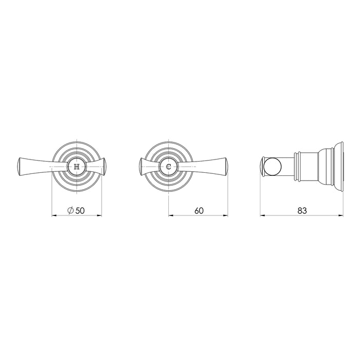 Technical Drawing Phoenix Cromford Wall Top Assemblies - Brushed Bronze 134-0600-24-1 - The Blue Space