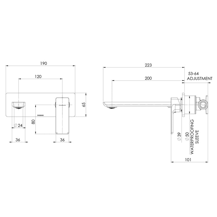 Technical Drawing Phoenix Gloss MKII SwitchMix Wall Basin / Bath Mixer Set Chrome (Fit-Off Kit Only) 135-2812-00-1 - The Blue Space