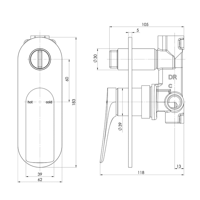 Technical Drawing Phoenix Kusabi Switchmix Shower Bath Diverter Mixer Fit Off Kit - Matte Black 138-2940-10-1 - The Blue Space