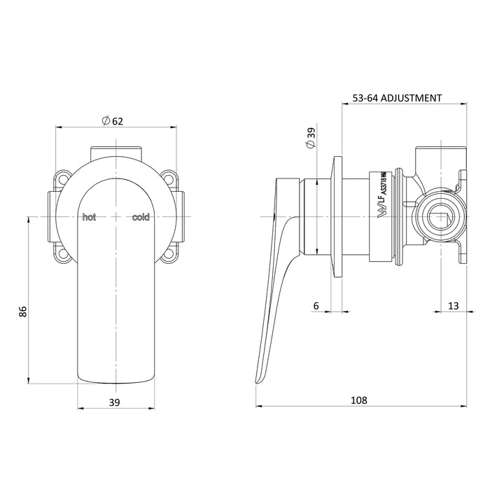 Technical Drawing Phoenix Kusabi Switchmix Shower Wall Mixer - Brushed Nickel 138-2800-40-1 - The Blue Space