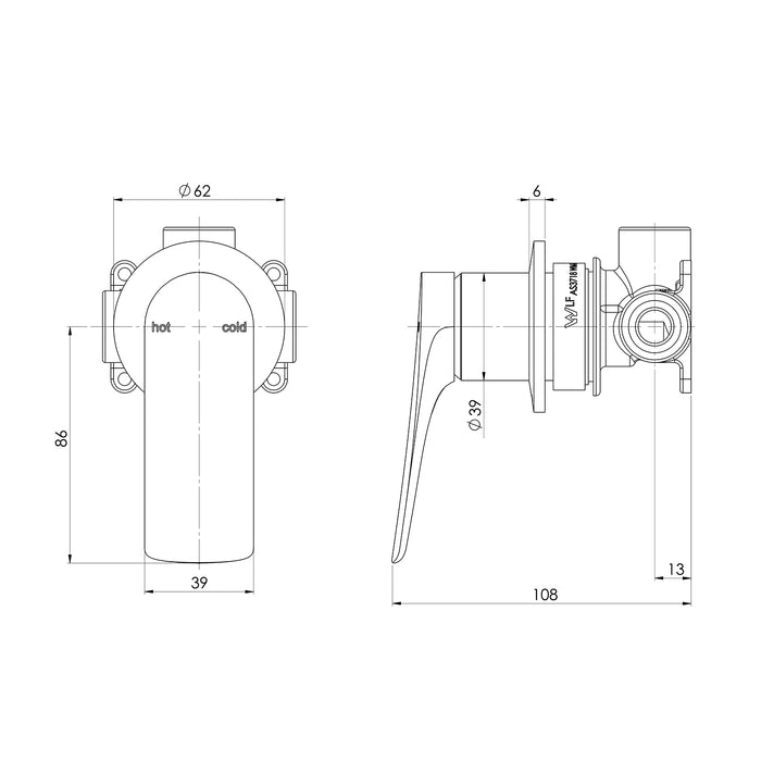 Technical Drawing Phoenix Kusabi Switchmix Shower Wall Mixer Fit Off Kit - Brushed Nickel 138-2805-40-1 - The Blue Space