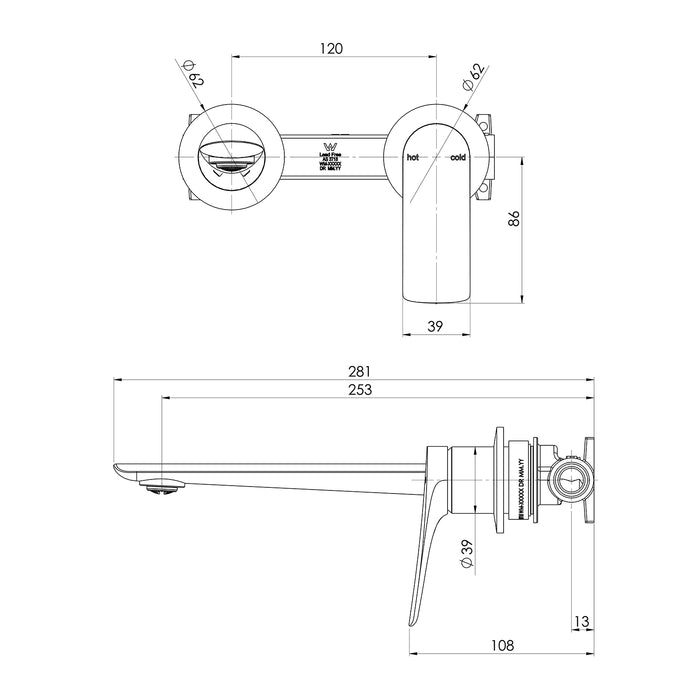 Technical Drawing Phoenix Kusabi Switchmix Wall Basin Bath Mixer Set 200mm Fit Off Kit - Chrome 138-2812-00-1 - The Blue Space