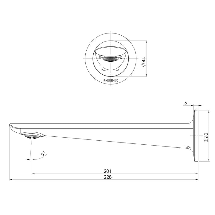 Technical Drawing Phoenix Kusabi Wall Basin Bath Outlet 200mm - Matte Black 138-7610-10-1 - The Blue Space