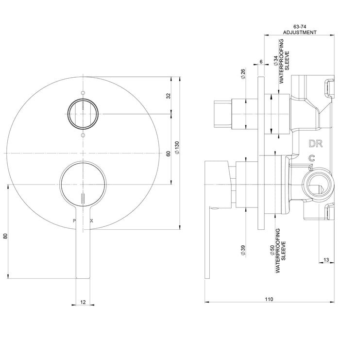 Technical Drawing Phoenix Lexi Mkii Switchmix Shower Bath Diverter Mixer - Chrome 123-2910-00_KIT - The Blue Space