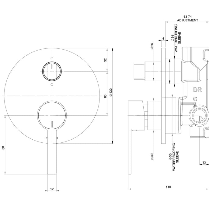 Technical Drawing Phoenix Lexi Mkii Switchmix Shower Bath Diverter Mixer Fit Off Kit Only - Chrome 123-2940-00 - The Blue Space