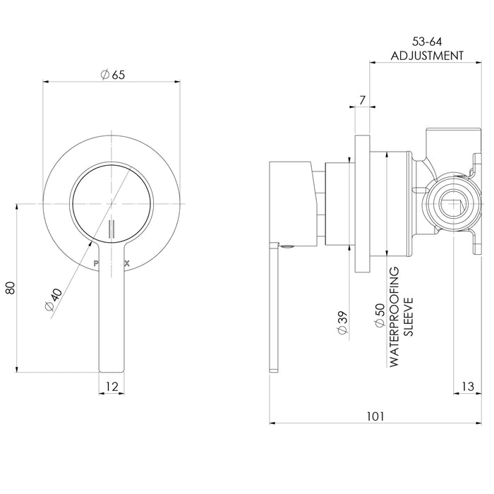 Technical Drawing Phoenix Lexi Mkii Switchmix Shower Wall Mixer Fit Off Kit Only - Chrome 123-2805-00-1 - The Blue Space
