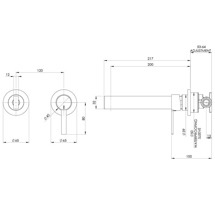 Technical Drawing Phoenix Lexi Mkii Switchmix Wall Bath Mixer Set 200mm Fit Off Kit Only - Chrome 123-2822-00 - The Blue Space