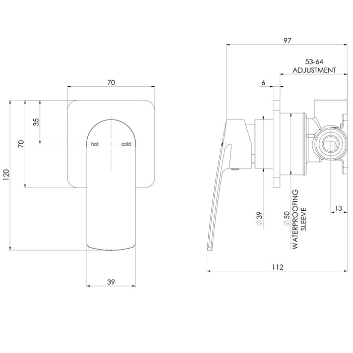 Technical Drawing Phoenix Mekko SwitchMix Shower / Wall Mixer Brushed Nickel (Fit-Off Kit Only) 115-2805-40-1 - The Blue Space