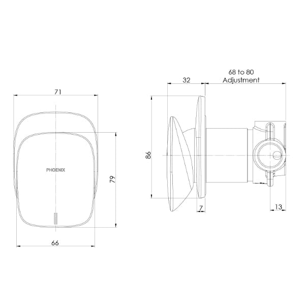 Phoenix Nuage Shower/Wall Mixer Technical Drawing - The Blue Space