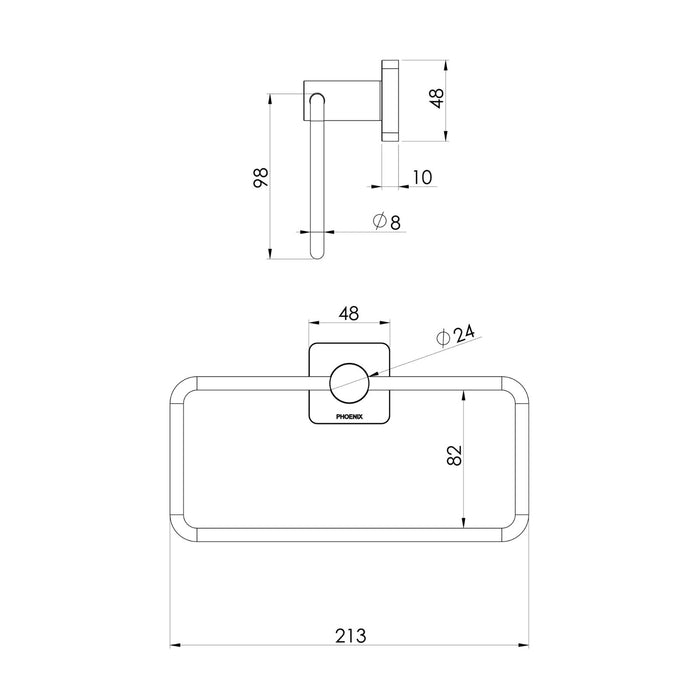 Technical Drawing Phoenix Radii SS 316 Hand Towel Holder Square Plate RS893-51 - The Blue Space