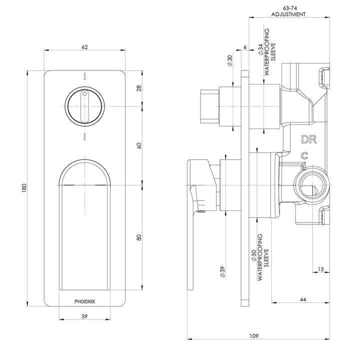 Technical Drawing Phoenix Teel Switchmix Shower Bath Diverter Mixer Fit Off Kit Only - Chrome 118-2940-00 - The Blue Space
