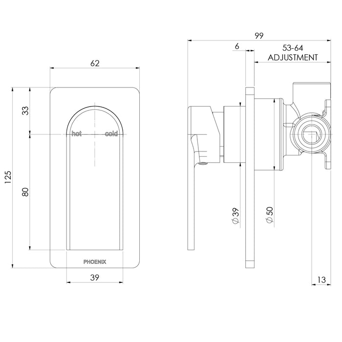 Technical Drawing Phoenix Teel Switchmix Shower Wall Mixer Fit Off Kit Only - Brushed Nickel 118-2805-40-1 - The Blue Space