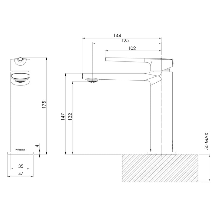 Technical Drawing Phoenix Basin Mixer - Brushed Bronze 139-7700-24-1 - The Blue Space