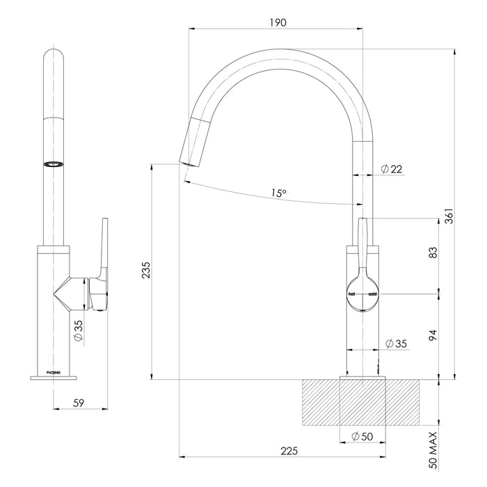 Technical Drawing Phoenix Sink Mixer 190mm - Brushed Nickel 139-7330-40-1 - The Blue Space