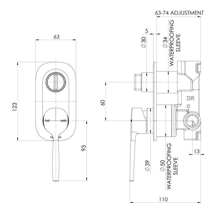 Technical Drawing Phoenix Switchmix Shower Bath Diverter Mixer Fit Off Kit Only - Brushed Carbon 139-2940-31-1 - The Blue Space