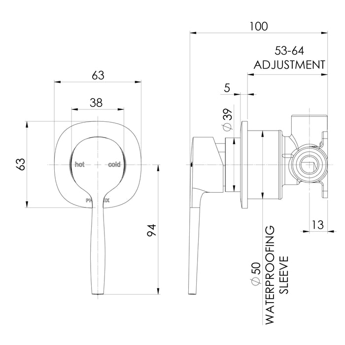 Technical Drawing Phoenix Switchmix Shower Wall Mixer Complete Kit - Brushed Gold 139-2800-12-1 - The Blue Space