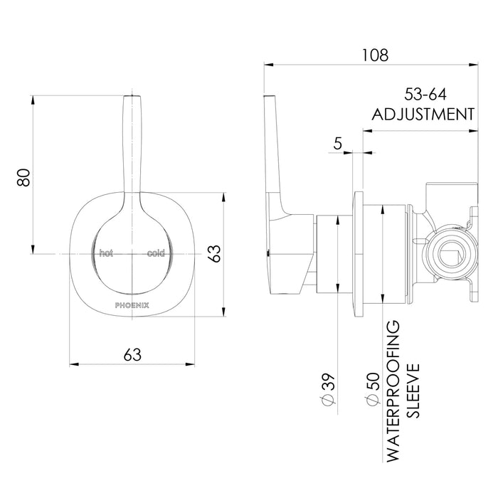 Technical Drawing Phoenix Switchmix Shower Wall Mixer Pin Up Fit Off Kit Only - Brushed Nickel 139-2808-40-1 - The Blue Space