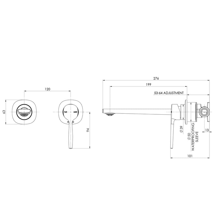 Technical Drawing Phoenix Switchmix Wall Basin Bath Mixer Set 200mm Fit Off Kit Only - Chrome 139-2812-00-1 - The Blue Space