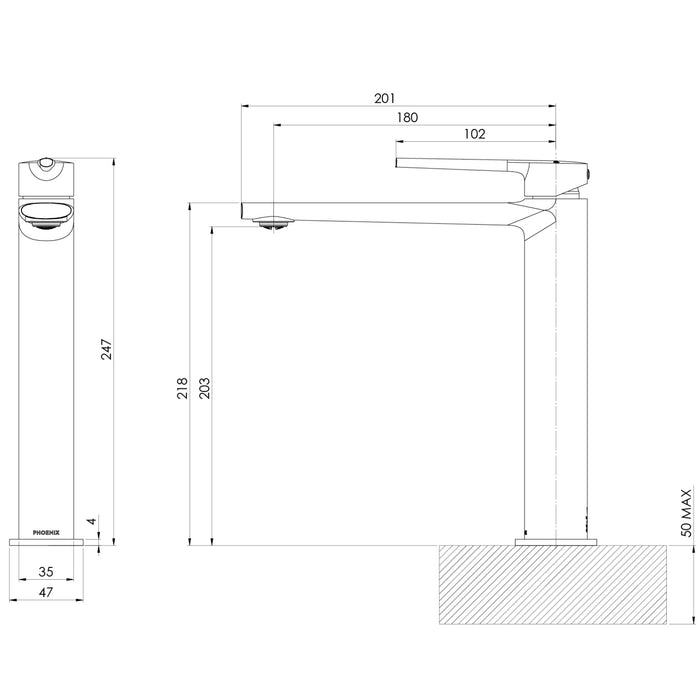 Technical Drawing Phoenix Vessel Mixer - Chrome 139-7900-00-1 - The Blue Space