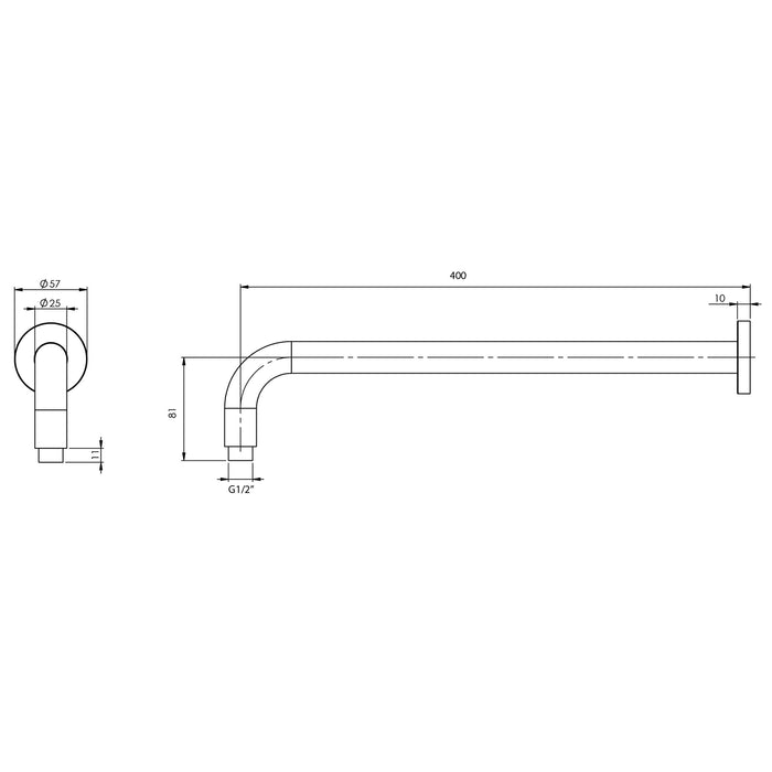 Technical Drawing Phoenix Vivid Shower Arm 400mm Round - Brushed Bronze V6000-24 - The Blue Space