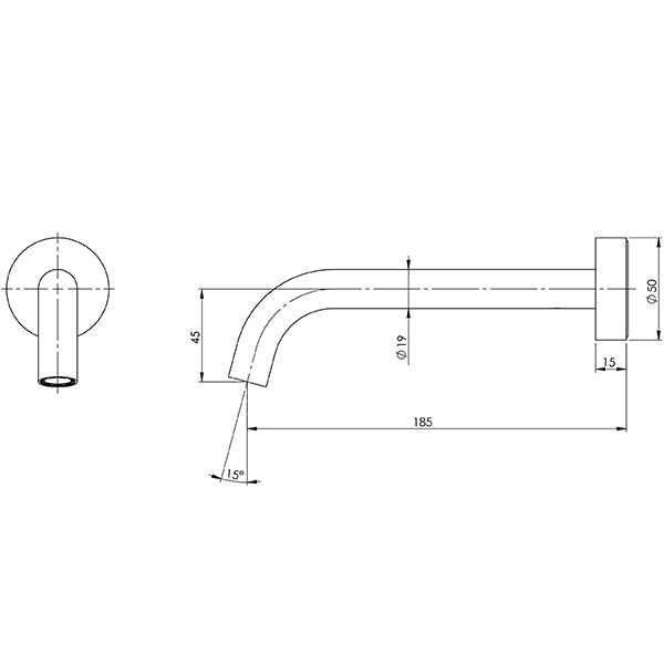 Phoenix Vivid Slimline Wall Basin/Bath Outlet-Matte Black specs- line drawing and dimensions