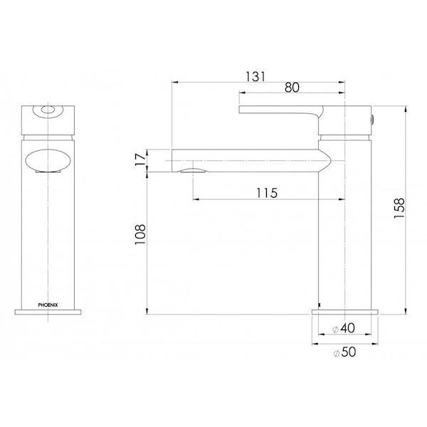 Phoenix Vivid Slimline Oval Basin Mixer-Chrome specs - line drawing and dimensions