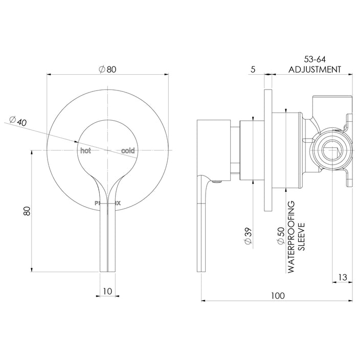 Technical Drawing Phoenix Vivid Slimline Oval SwitchMix Shower / Wall Mixer Brushed Nickel (Complete Kit) VV2800-40-1-KIT - The Blue Space
