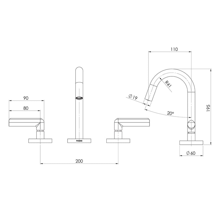 Technical Drawing Phoenix Vivid Slimline Plus Lever Basin Set - Brushed Bronze 119-1030-24-1 - The Blue Space