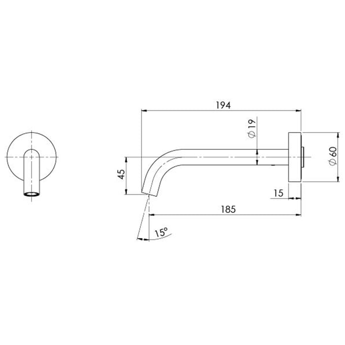 Technical Drawing Phoenix Vivid Slimline Plus Wall Basin Bath Outlet 180mm - Brushed Bronze 119-0810-24-1 - The Blue Space