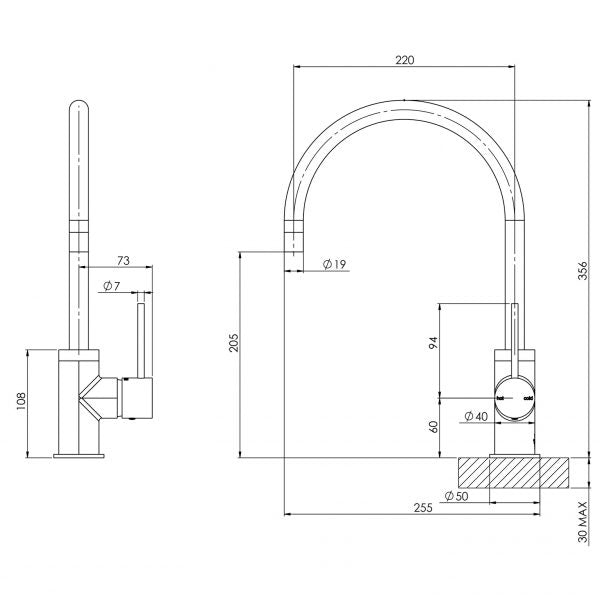 Phoenix Vivid Slimline Sink Mixer 220mm Gooseneck Technical Drawing - The Blue Space