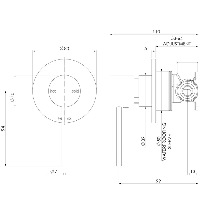 Technical Drawing Phoenix Vivid Slimline SwitchMix Shower / Wall Mixer Chrome (Fit-Off Kit Only) VS2805-00-1 - The Blue Space