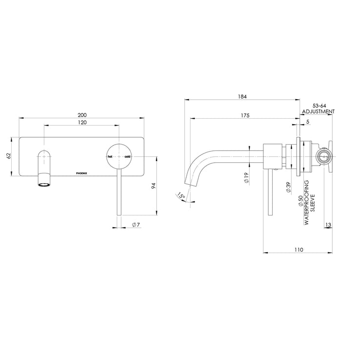 Technical Drawing Phoenix Vivid Slimline SwitchMix Wall Basin / Bath Mixer Set 180mm Chrome (Complete Kit) VS2810-00-1-KIT - The Blue Space