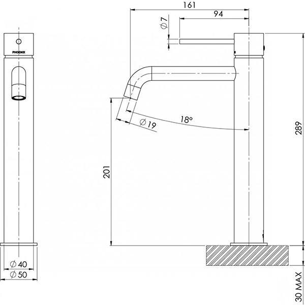 Technical Drawing - Phoenix Vivid Slimline Vessel Mixer Curved Outlet - Chrome