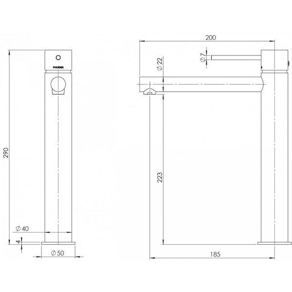 Phoenix Vivid Slimline Vessel Mixer-Matte Black specs- line drawing and dimensions