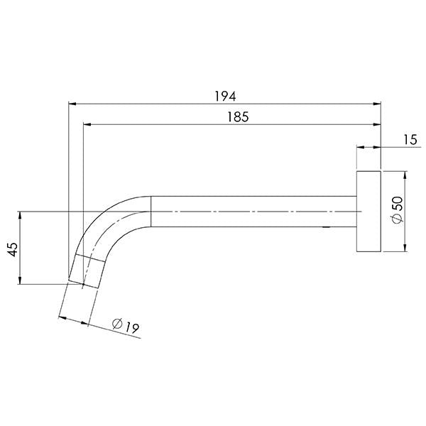 Phoenix Vivid Slimline Wall Basin Outlet 180mm Curved-Brushed Gold specs- line drawing and dimensions