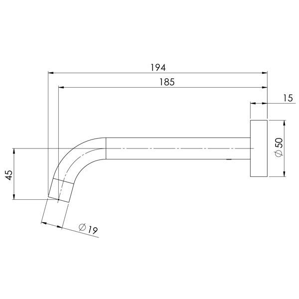 Phoenix Vivid Slimline Wall Bath Outlet 180mm Curved-Brushed Nickel specs- line drawing and dimensions