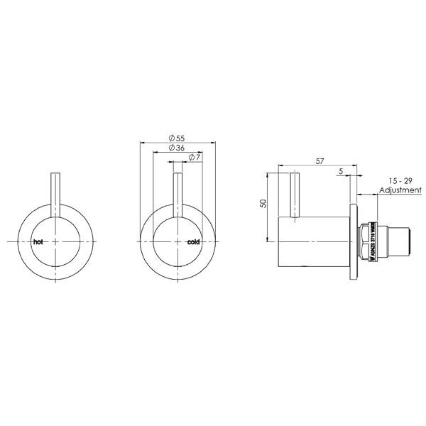 Phoenix Vivid Slimline Wall Top Assemblies Extended 15mm - Brushed Gold  specs- line drawing and dimensions