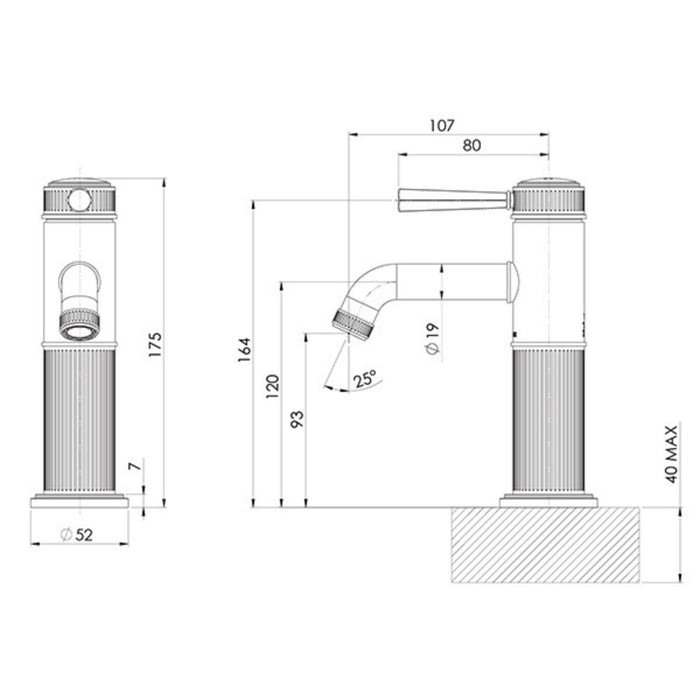 Technical Drawing Phoenix Wiltern Basin Mixer - Brushed Nickel 144-7700-40-1 - The Blue Space