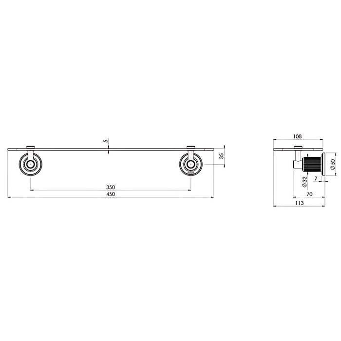Technical Drawing Phoenix Wiltern Glass Shelf 450mm Chrome 144-8600-00 - The Blue Space