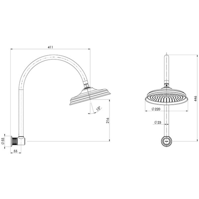 Technical Drawing Phoenix Wiltern High-Rise Shower Arm & Rose Chrome 144-5300-00 - The Blue Space