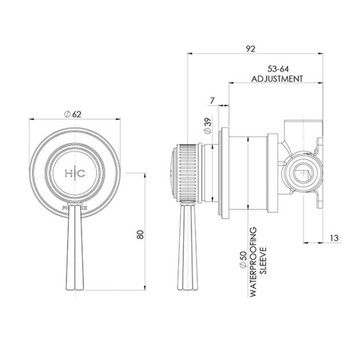 Technical Drawing Phoenix Wiltern SwitchMix Shower / Wall Mixer (Complete Kit) - Brushed Carbon 144-2800-31-1 - The Blue Space