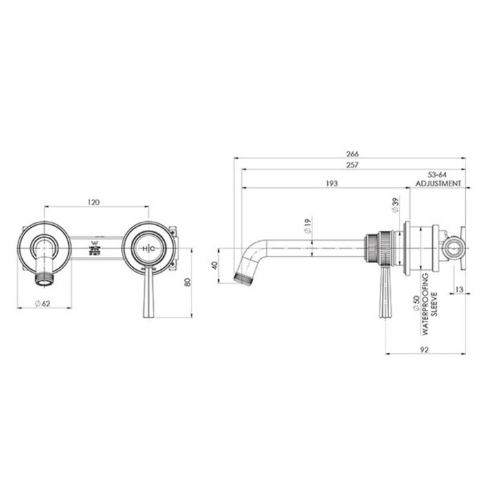 Technical Drawing Phoenix Wiltern SwitchMix Wall Basin / Bath Mixer Set 190mm (Complete Kit) - Chrome 144-2810-00-1 - The Blue Space