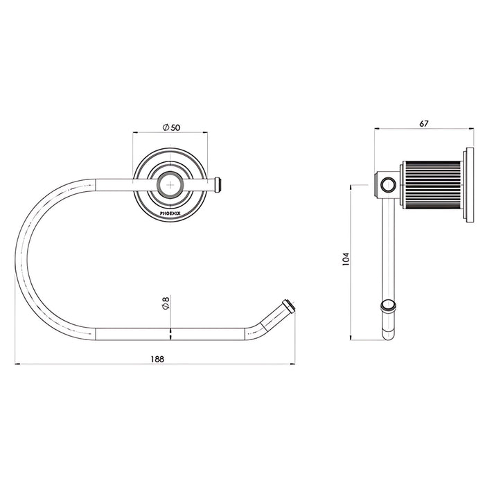 Technical Drawing Phoenix Wiltern Toilet Roll Holder Chrome 144-8200-00 - The Blue Space