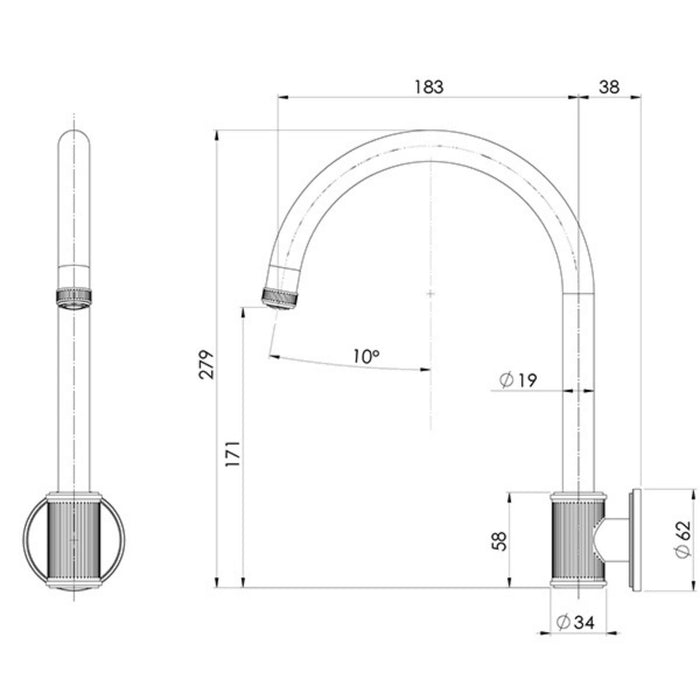 Technical Drawing Phoenix Wiltern Wall Sink Outlet 180mm - Brushed Nickel 144-0870-40-1 - The Blue Space